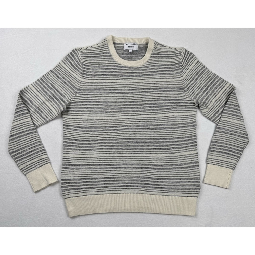 Calvin Klein Merino Wool Blend Sweater Mens‎ Large Gray Stripe Knit Crewneck